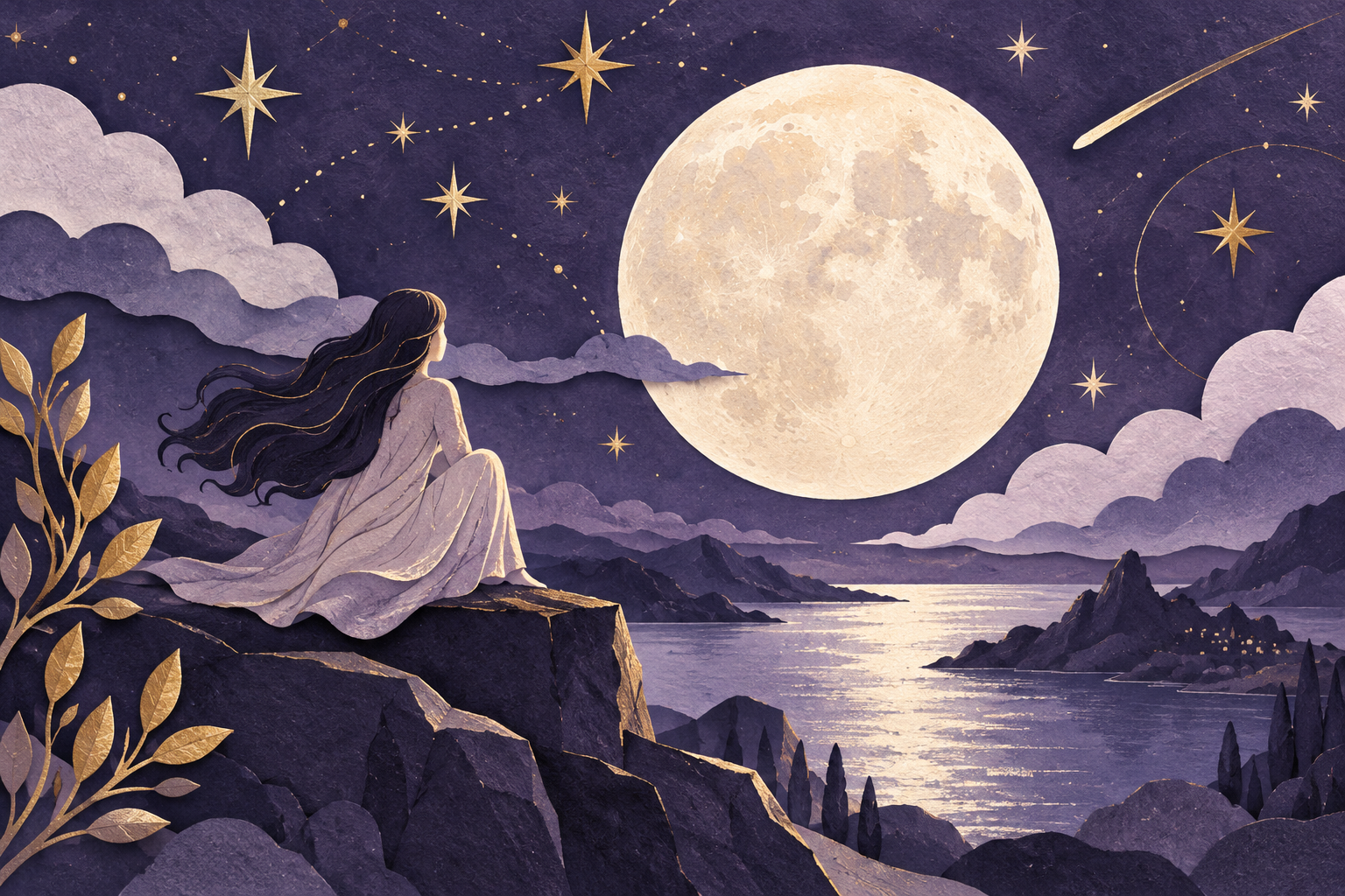 poetic indigo night sky with sculptural gold stars and cream moon, refined paper cut cosmic illustration